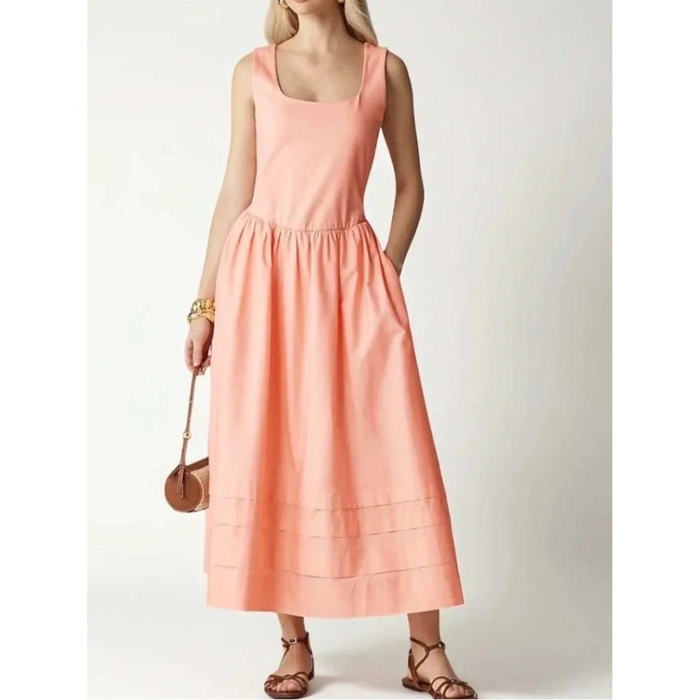 J.Crew Midi Dress CJ497 Sleeveless Square Neck Tiered Skirt Peach Pink Size M